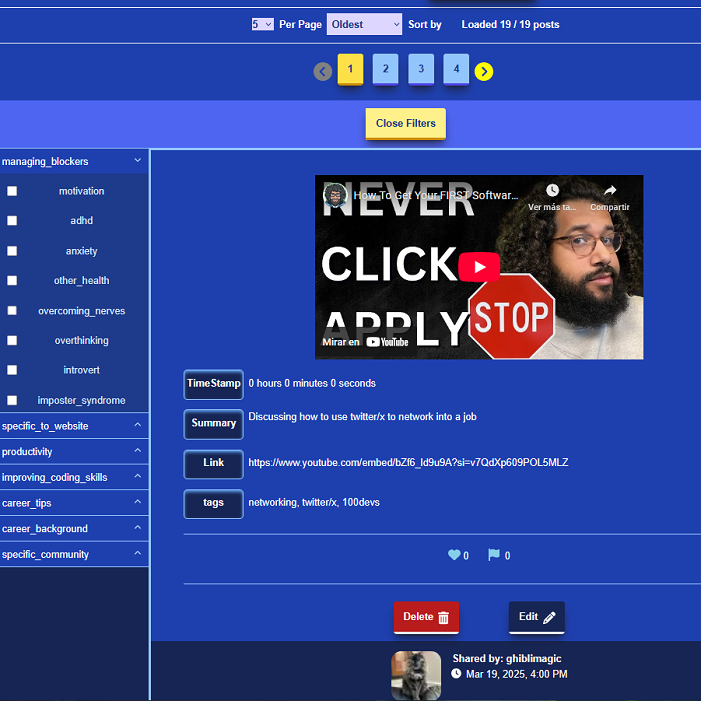 Screenshot of the general resources page where you see a post with a summary of discussing how to use twitter/x to network into a job, a youtube link, and a list of tags networking, twitter/x and 100devs. To the left is multiple categories listed, with many tags inside then that users can click to filter through the posts